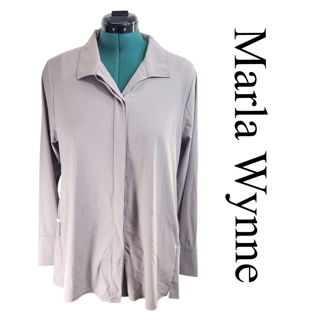 Marla Wynne Button Up Shirt Womens L Mauve Taupe Nylon Stretch Tunic Pleat Back